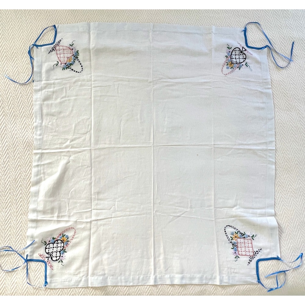 Vintage Hand Embroidered Card Table Cover Playing Card Suits with Ties 30.5"